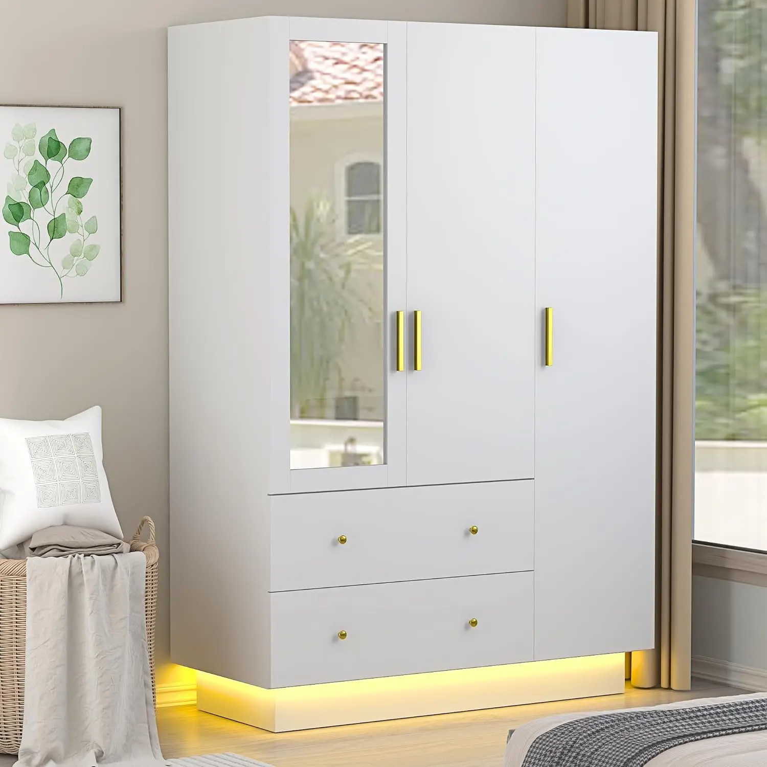 Sturdy Modern Bedroom Wooden Wardrobe Furniture - Interior Luminous Armoire with Mirror, LED Lighting, Hanging Rod, Drawers, Shelves, Anti-Tilting Base Adds Peace of Mind, RGB Light Dance for Clothes Storage, Black-White