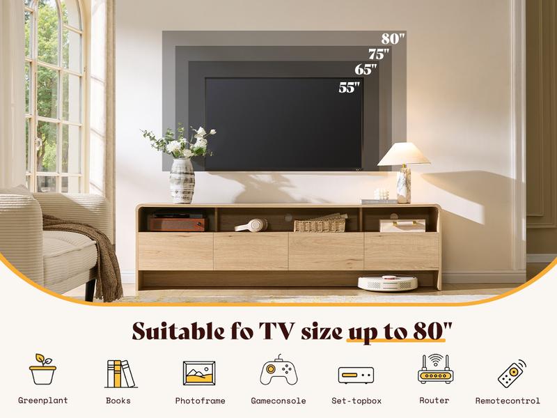 AMERLIFE 70" Modern TV Stand for TVs Up to 80", Wood TV Console with Curved Profile Design & 2 Storage Cabinets, Media Console Entertainment Center for Living Room, Bedroom/Best Gift Ideas/Christmas Gifts AMERLIFE 70" Modern TV Stand for TVs Up to 80", Wood TV Console with Curved Profile Design & 2 Storage Cabinets, Media Console Entertainment Center for Living Room, Bedroom/Best Gift Ideas/Christmas Gifts