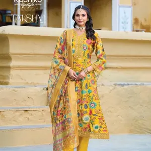 Anarkali Suit in Yellow Size 42 Kurti Pant & Dupatta Collection with Embroidery Work and Organza Jacquard Dupatta