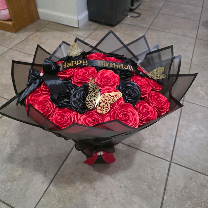 Eternal Roses Bouquet with Red & Black Roses Gold Butterflies and 'Happy Birthday' Ribbon for Special Occasions