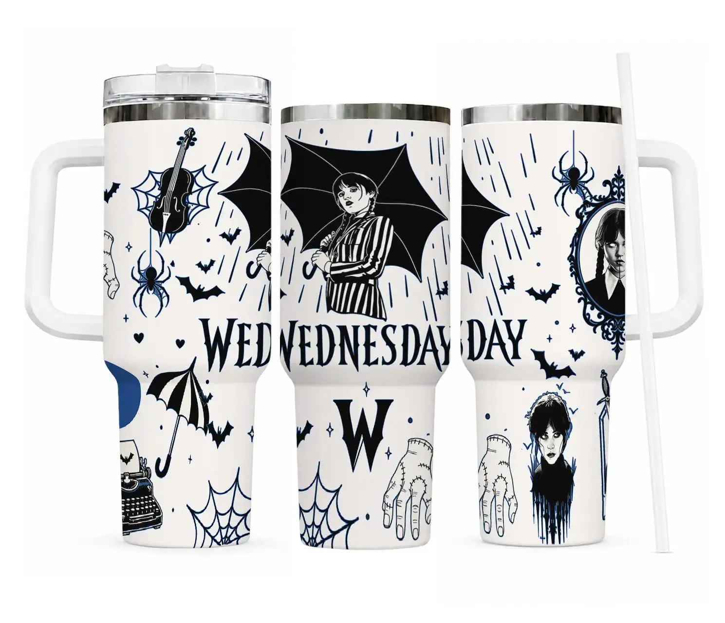 40oz Stainless Steel Insulated Gothic Wednesday Printed Tumbler with Handle, Spooky Halloween Vacuum Flask Drinkware, Flasks