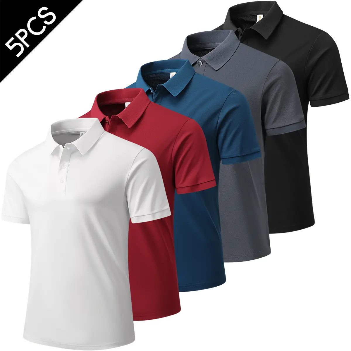 5PCS, men's casual turn-down collar short-sleeve solid-color polo shirts, perfect for summer wear