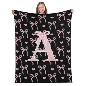 Initial Letter A-Z Flannel Blanket Throw for Girls, Black Pink Alphabet Flannel Blanket, Monogrammed Gifts for Daughter Women Teen Girls,Customized Blanket for Bedding Bedroom Office,multiple Size