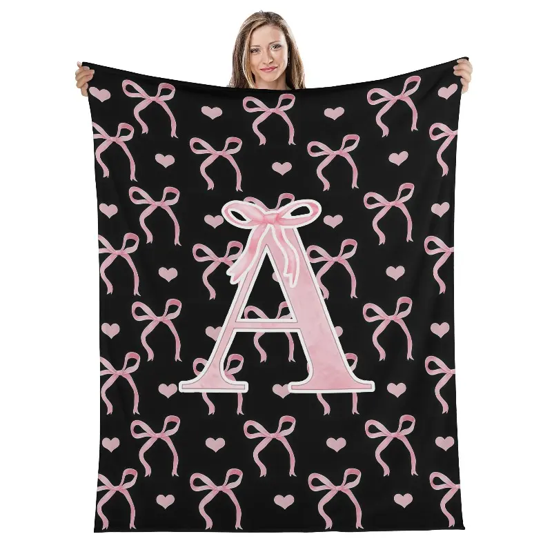 Initial Letter A-Z Flannel Blanket Throw for Girls, Black Pink Alphabet Flannel Blanket, Monogrammed Gifts for Daughter Women Teen Girls,Customized Blanket for Bedding Bedroom Office,multiple Size