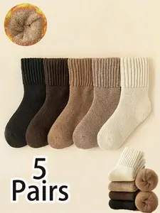 Women's Mid-Calf Socks 2/4/5/6/10 Pairs, Sporty Style Thick Fleece Winter Socks, Soft Comfy Socks, Home Use, Floor Socks for Fall & Winter, Sock Set