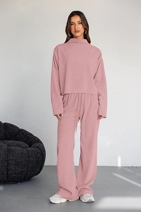 PrettyGarden Women's Mock Neck Knitted Two Piece Sets Fall Sweatsuit Long Sleeve Knit Tops Wide Leg Pants Lounge Set Airport Outfits,Comfy Womenswear