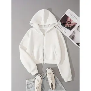 Zip-up Cropped Hoodie, Long Sleeve Sports and Leisure Sweater, Women's Clothing