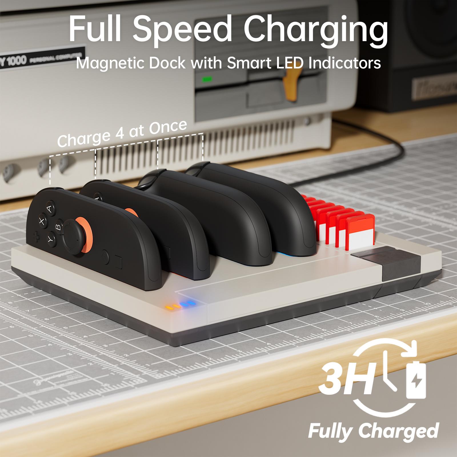 Hosanwell Switch 2 JoyCon Charger Dock, 4-Controller Fast Charging Station with 11 Game Card Storage, Magnetic Retro Charging Stand for Switch 2 JoyCons