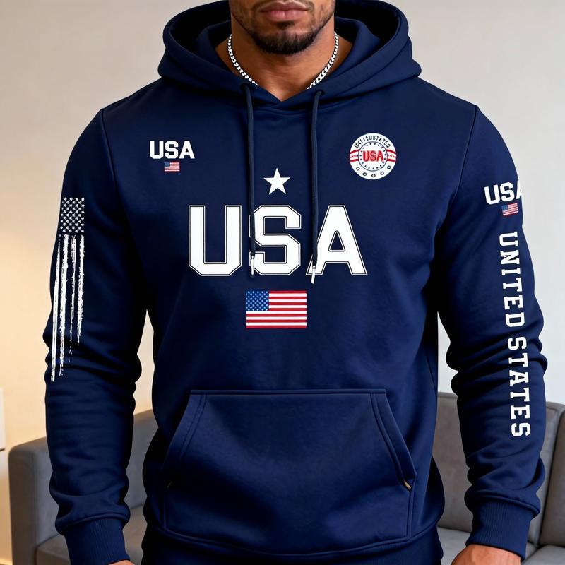 Trendy USA Graphic Hoodie for Men Multi-color Loose Fit Sports Hooded Top with American Flag Detail
