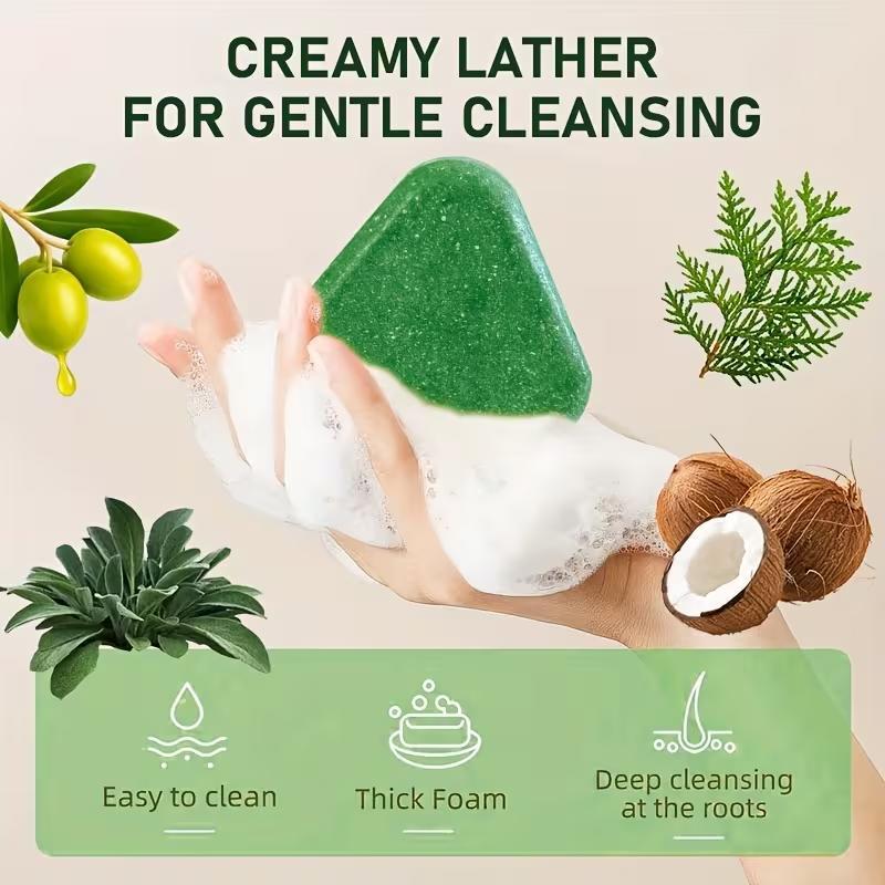 Nature Triangle Shampoo Bar Usman Grass Green Herbal Soap for Hair Growth Clean Oil Control with Polygonum Multiflorum Coconut Ginseng 80g Pack