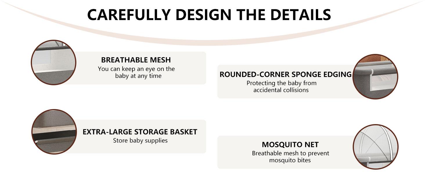 3 in 1 Baby Bassinet Bedside Sleeper with Wheels & Mosquito Net, Adjustable Height Baby Bassinet with Mattress & Breathable Mesh, Portable Newborn Bassinet with Storage Basket to crib cot