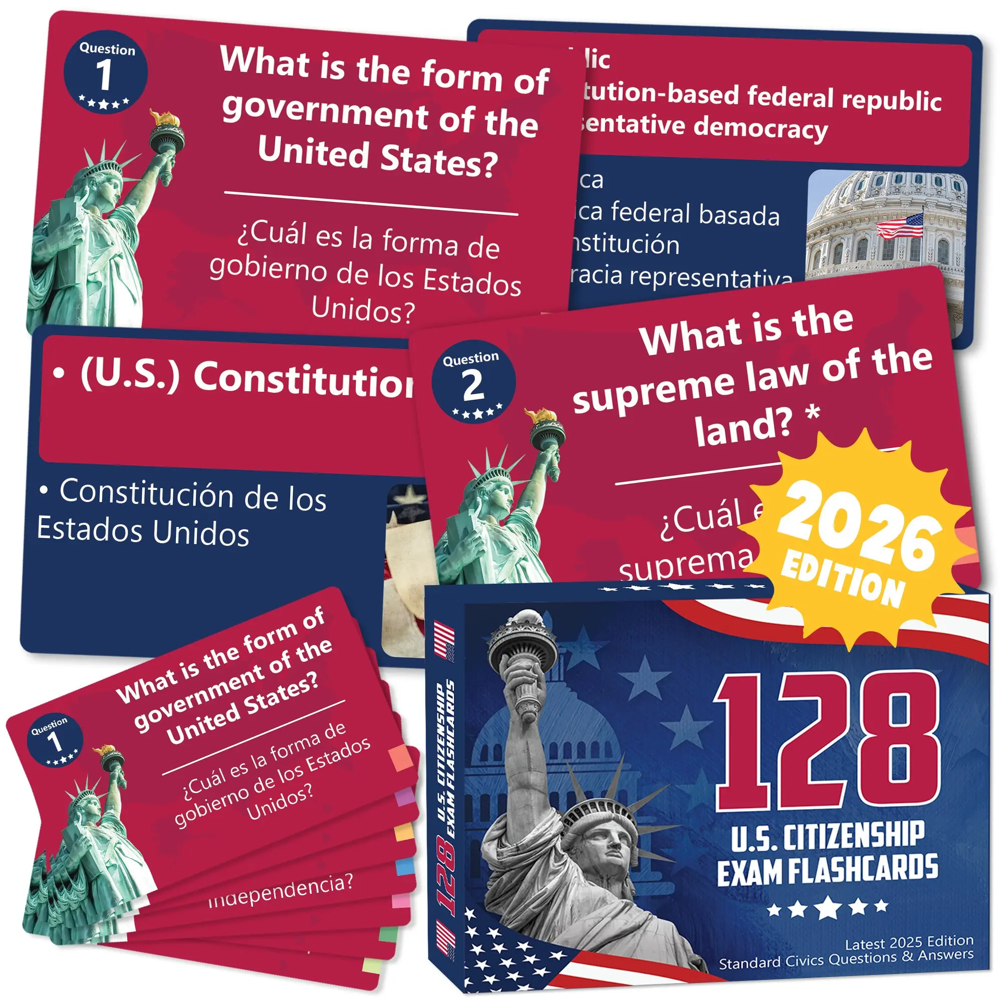 Latest 2025 U.S. Citizenship Test Flashcards (128 Q&A) – English/Spanish Bilingual Civics Study Cards,  Color-Coded Topics - Boopzila