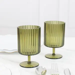 12-Pack Dusty Sage Green Plastic Wine Glasses 12oz, Vintage Ribbed Pattern Short Stemmed - Reusable Shatterproof Goblets