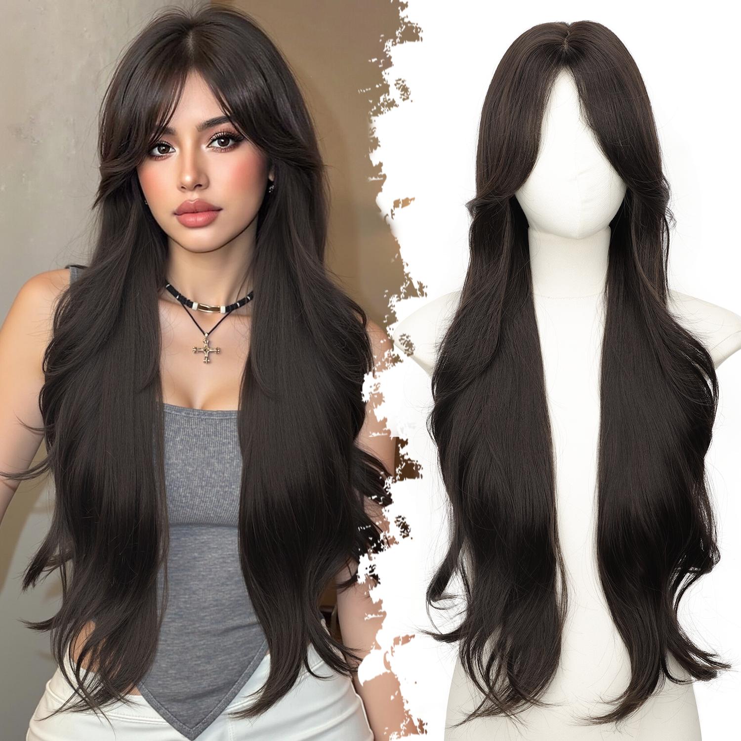 [ AISI HAIR ] Long Dark Brown Wig for Women 2x4 Realistic Scalp Free Parting Layered Heat Resistant Synthetic 28 inch for Daily Party Use