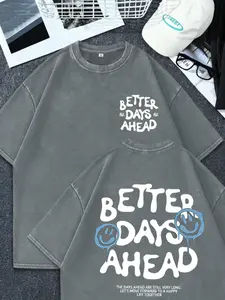Men's Regular Fit Smile Face Print Round Neck Tee, Vintage Trendy Casual Short Sleeve T-shirt for Daily Wear, Men's Summer Outfit, Top, Cotton