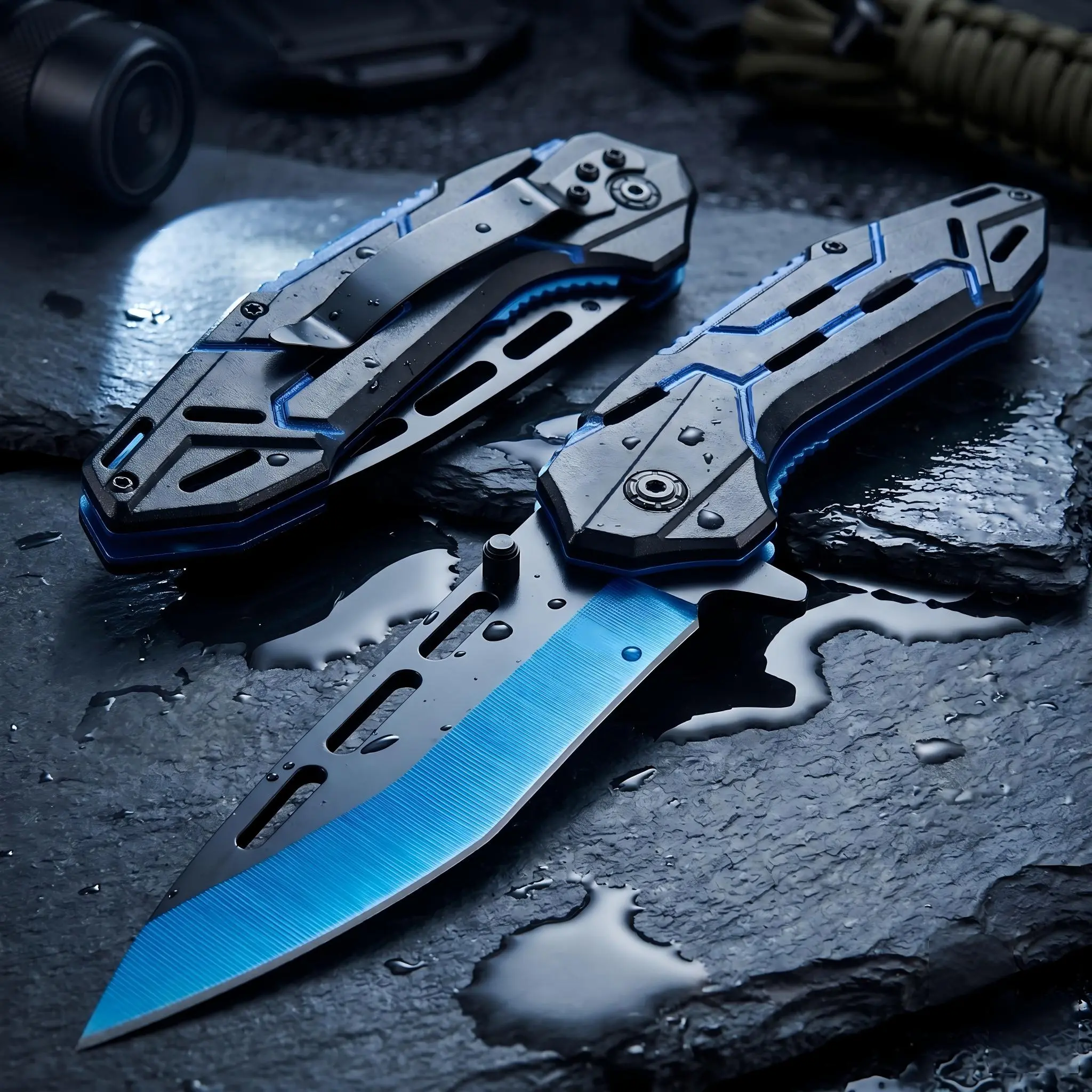 Black-Blue Geometric Hollow Folding Pocket Utility Knife with Quick-Open Stainless Steel Blade, Belt Clips, Lightweight Design – Outdoor Cutting Tool for Camping, Hiking, Father’s Day Gift for Men