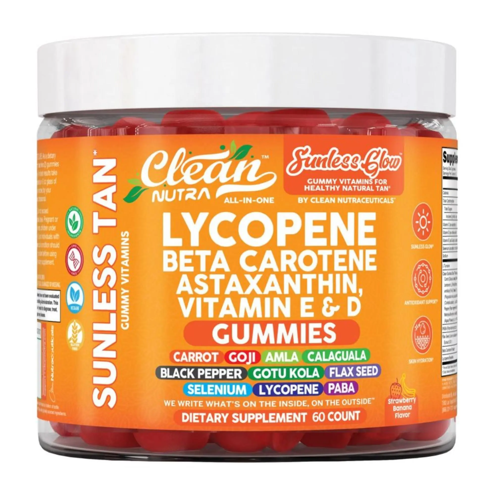 Clean Nutra Tanning Gummies Lycopene, Beta Carotene, Astaxanthin + Antioxidants & Botanicals for Healthy Radiant Skin - Sunless Glow Gummies