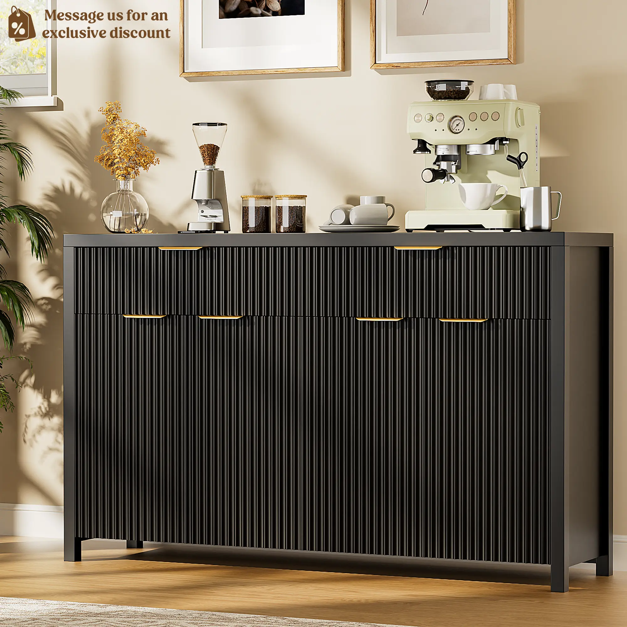 Aowos Modern Fluted Sideboard, Sideboard Cabinet, Wooden Dresser for Bedroom with 2 Wide Drawers, Entryway Table, 55" Buffet Cabinet with 2 Adjustable Shelves, Storage Cabinet for Dining Room, Entryway, Kitchen