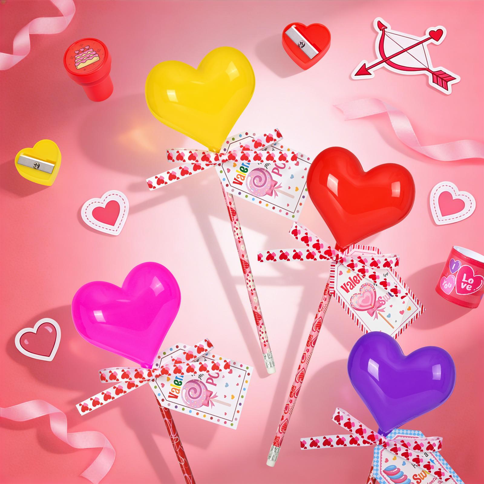 30 Pack Valentines Day Gifts for Kids - Glowing Heart Lollipop-Shaped Stationery Set with Valentine's Cards for School Classroom Class Party Favor Classroom School Exchange Birthday Party Gift