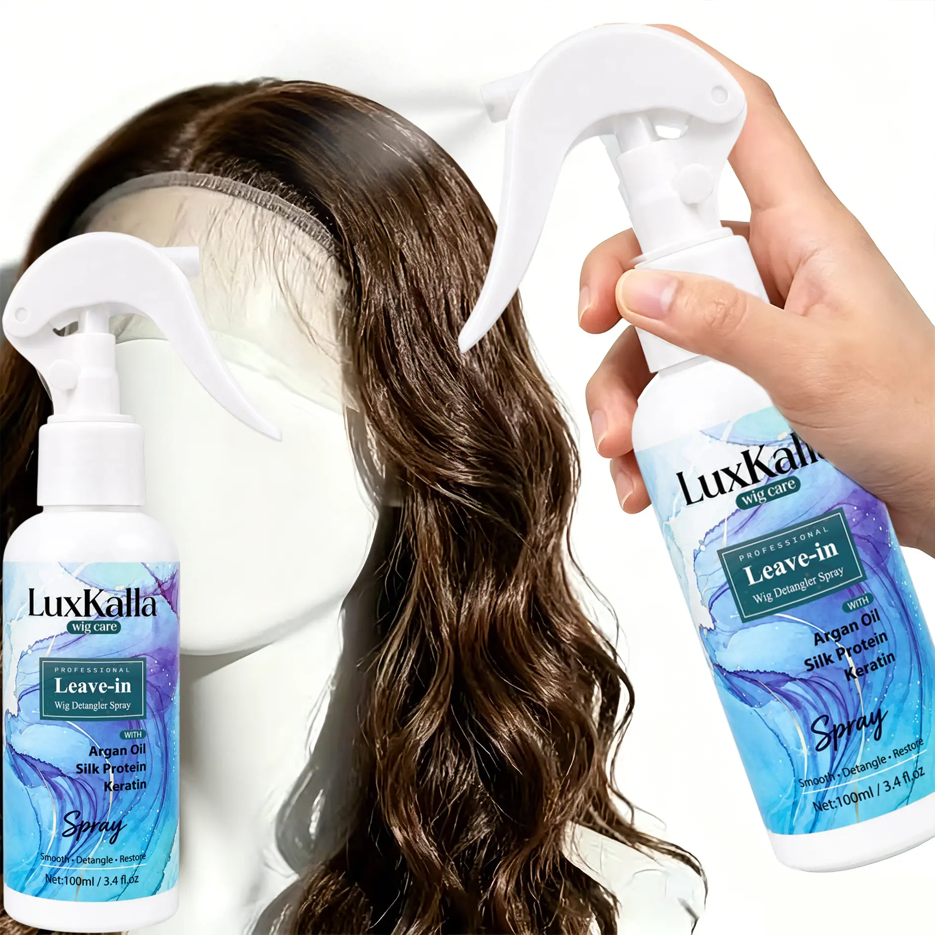 LuxKalla Leave-in Wig Detangler Spray | Synthetic & Human Hair Wig Conditioner | 3-in-1 Anti-Frizz, Softening & Shine Styling Spray for Hairpieces & Extensions (100ml)
