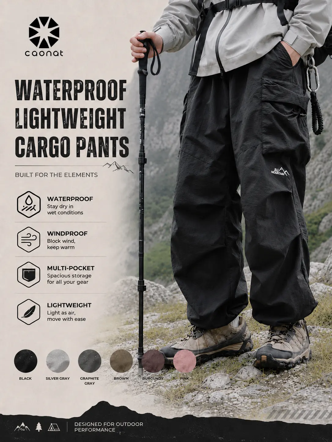 CAONAT Men's Loose-Cut Hiking Pants - Lightweight Water-Resistant Quick-Dry Male Clothing, Elastic Waist Pocketed Pants, Below Ankles, Loose Cut Frees Hips for Easy Strides, Ideal for Hiking Camping