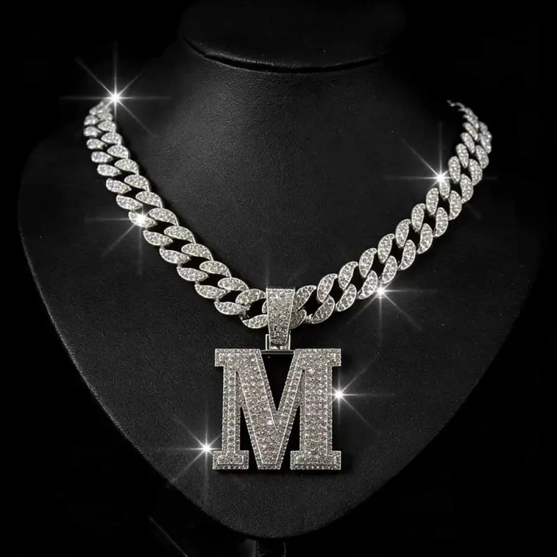 Iced Out Handset Stones Personalized Initial "M" Alloy Cuban Links Necklace, Hip Hop Concert Statement Gold Costume Jewelry