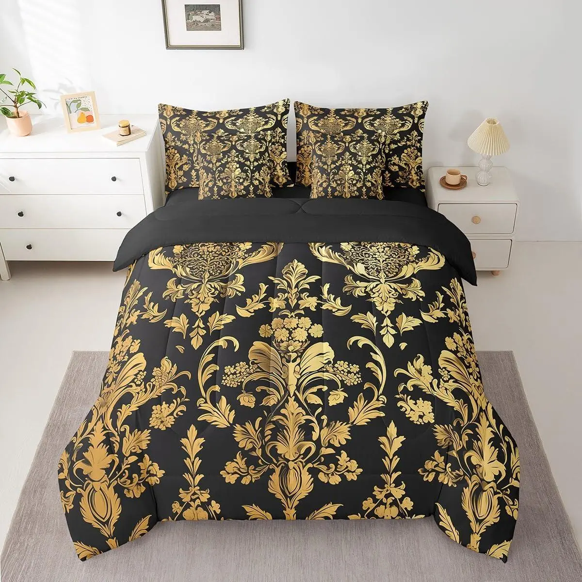 Gold Black Vintage Floral 7 Piece Bedding Set Gothic Bohemia Boho Flower Comforter Set with Sheets Adult Oriental Antique Bed in a Bag Luxury Bed Set