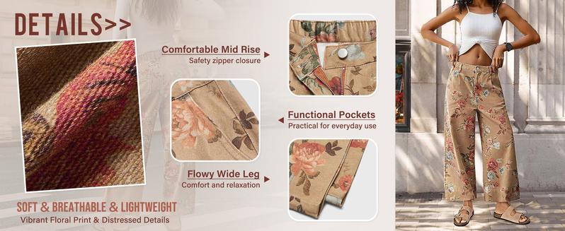 Chouyatou women's mid-rise floral print cropped jeans bohemian loose wide-leg jeans