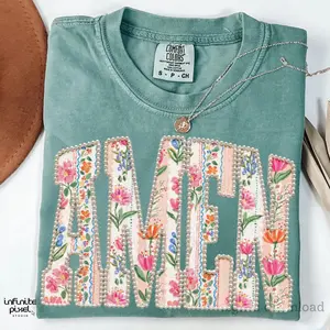 Comfort Color PRINT Amen Floral Pearl T-shirt, Faux Christian Spring Sublimation Shirt, Vintage Faith Shirt Graphic, Patchwork Flower Lettering