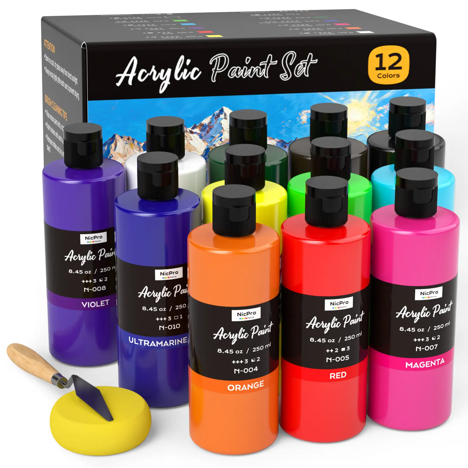Nicpro 12-Color Large Volume Acrylic Paint Set (8.45 oz/250ml) - Rich Pigments, Non-Toxic Art School Supplies, Abstract Drawing & Painting Supplies, Multi-Surface Craft Use, Color Wheel Included, for All Ages Art for Kids, Fabric, Rock