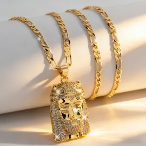 Hip Hop Head Charm Pendant Necklace for Men, Fashionable 14K Golden Plated 3A Cubic Zirconia Exquisite Jewelry, Gift for Friends Party