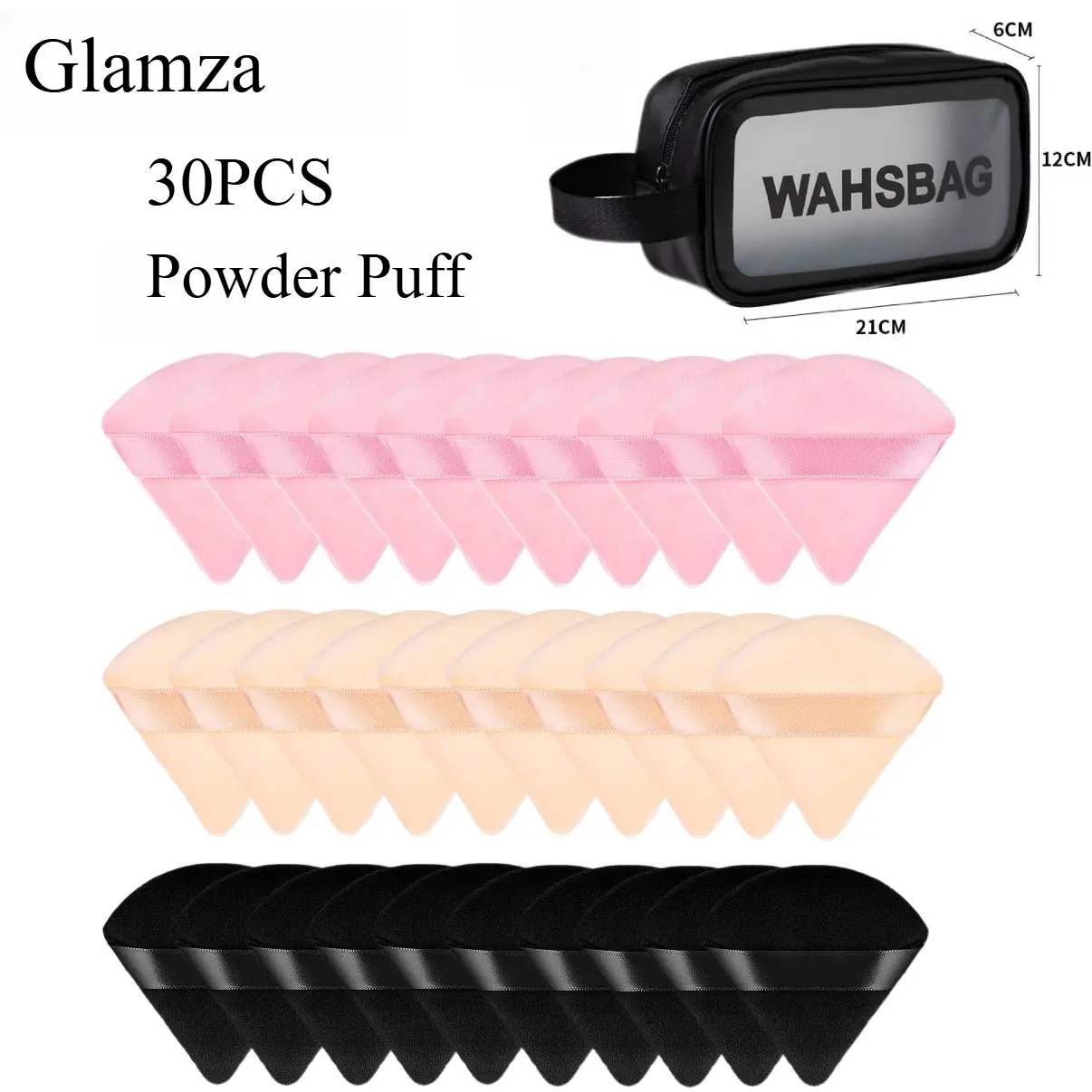 30 Pieces Triangle Powder Puffs, Soft Touch Velvet Applicators for Blending Foundation and Loose Powder, Face Make-up Tool (Black, Pink, Flesh), 30Pcs