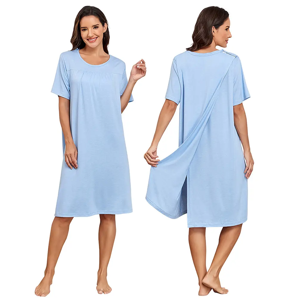 Women's Open Back Snap-Closure Adaptive Hospital Gown - Loose Plain Casual Nightwear & Loungewear for Shoulder, Rotator Cuff Surgery Patients Vneck Shortsleeve