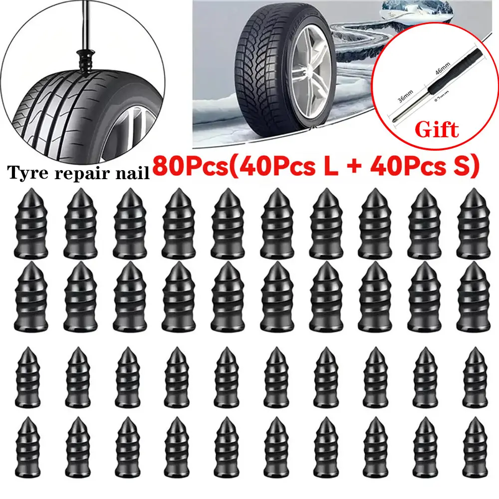80Pcs Tire Repair Screws Plugs, Self-service Tyre Repair Vacuum Rubber Nails Kit for Car/Motorcycle/Truck/Tractor Puncture Fast Tyre Repair Supplies