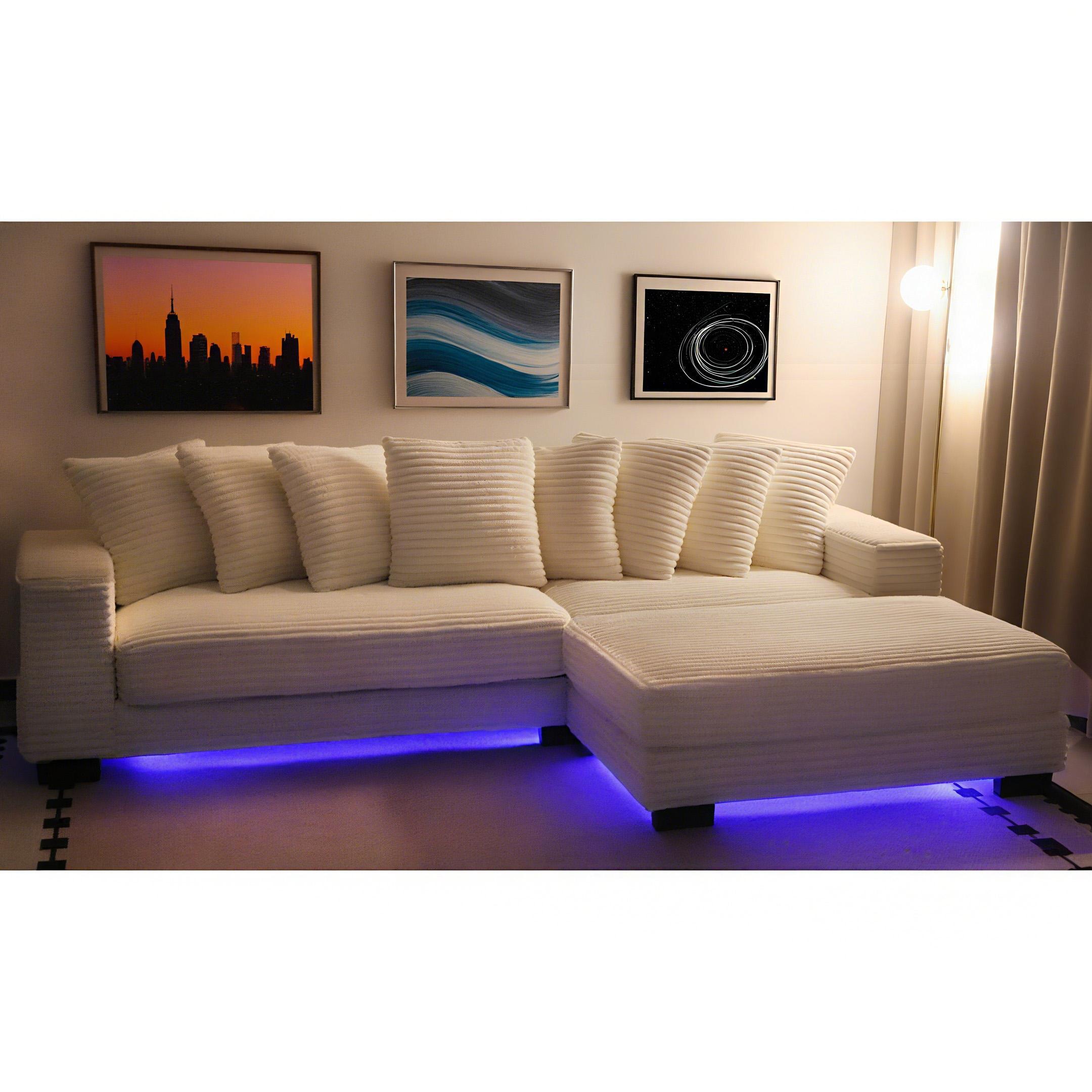 [Shipped in 3 packages] Niccae L-shaped modular sofa (LED light strip version) with ambient lighting, quilted corduroy, convertible into a bed, adjustable footstool, suitable for living rooms, apartments or home offices, self-assembly required