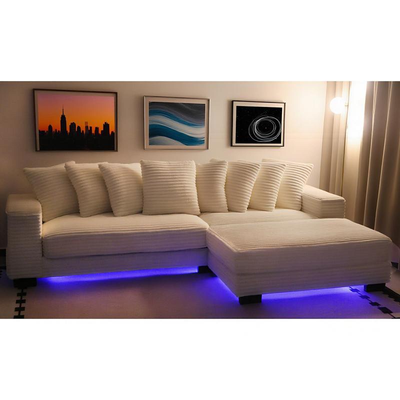 [Shipped in 3 packages] Niccae L-shaped modular sofa (LED light strip version) with ambient lighting, quilted corduroy, convertible into a bed, adjustable footstool, suitable for living rooms, apartments or home offices, self-assembly required