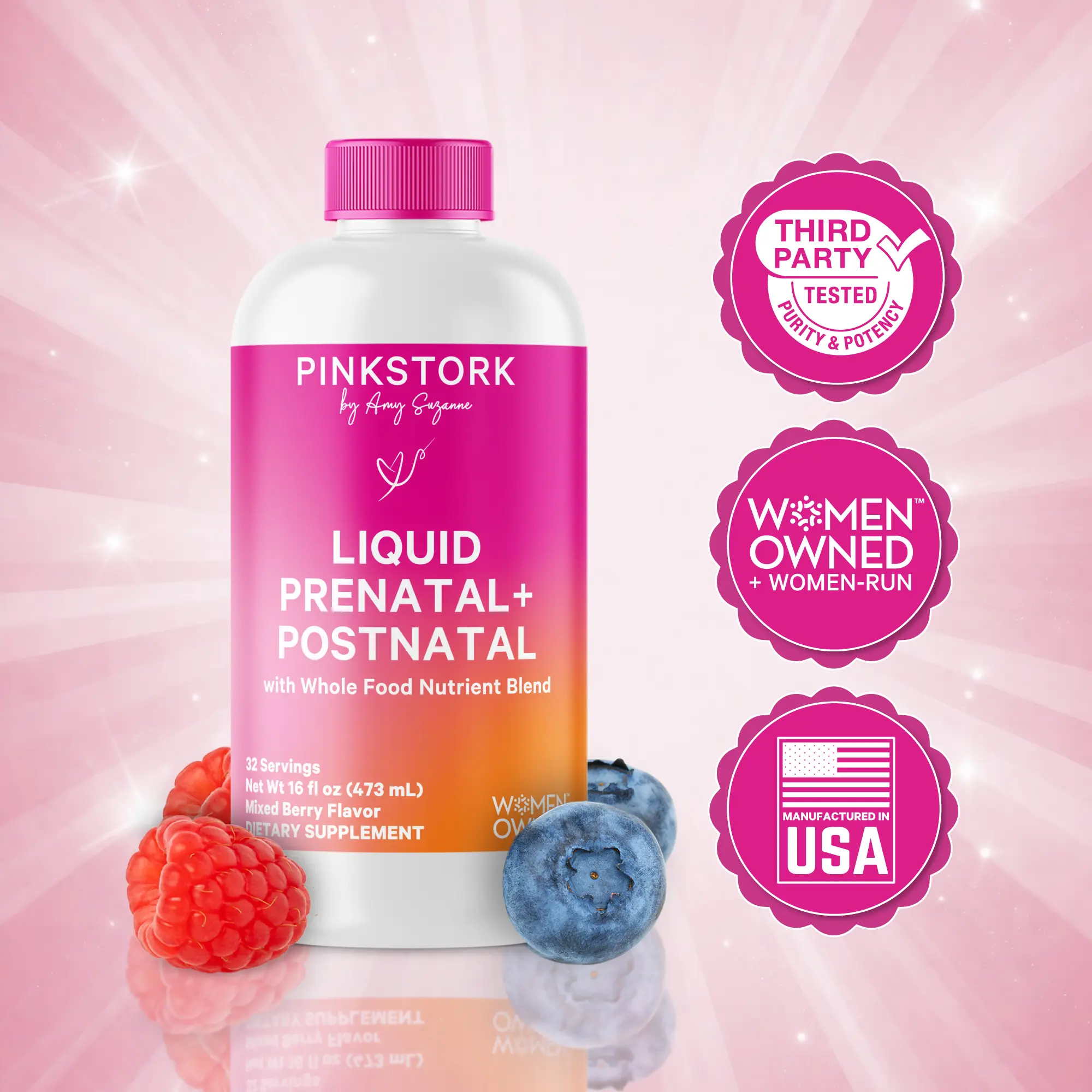 Pink Stork Natural Liquid Prenatal + Postnatal Multivitamin for Women, Berry Flavor, 1-Month Supply, with Prebiotics & Probiotics for Fertility, Pregnancy & Postpartum Nutrition