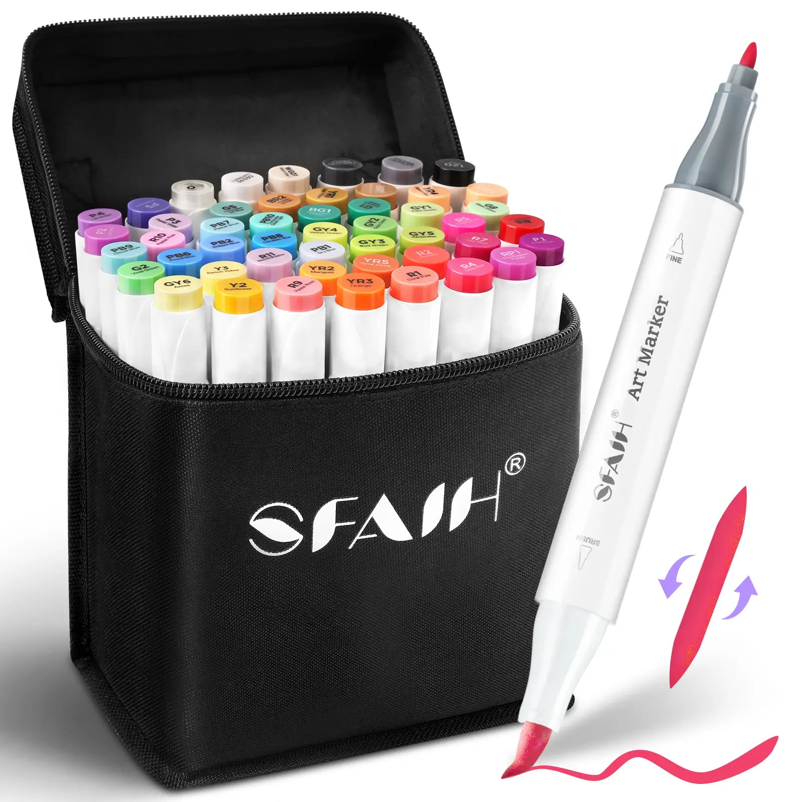 SFAIH Dual-Tip Alcohol Ink Markers (Brush & Fine Tips), 49 Colors Office Stationery for Adult Coloring, Artist Drawing, Stress-Relief Me-Time Gift