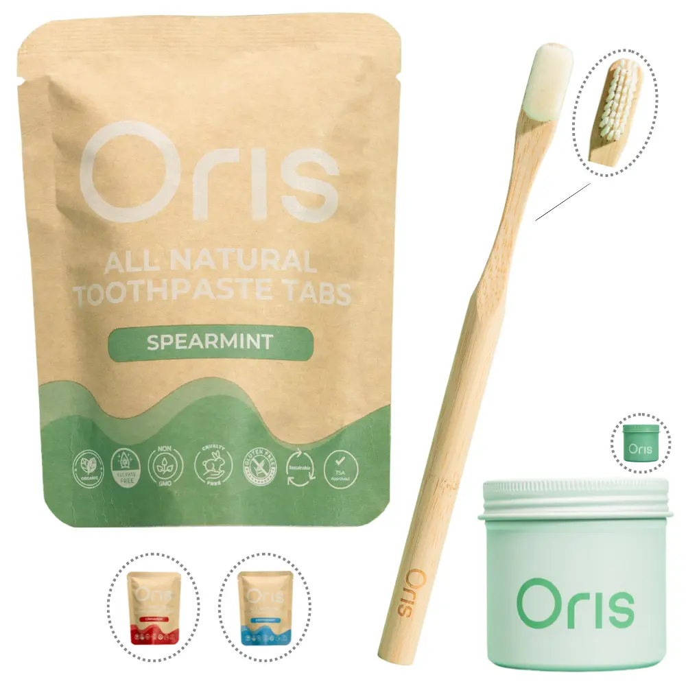Oris 3-Piece Complete Oral Care Starter Bundle - 1-Month Supply, 62 Fluoride-Free Natural Toothpaste Tablets, 1000-Bristle Nano-Toothbrush, Aluminum Storage Canister - Daily Use, Kid-Safe, Enamel-Strengthening Nanohydroxyapatite, Travel-Friendly