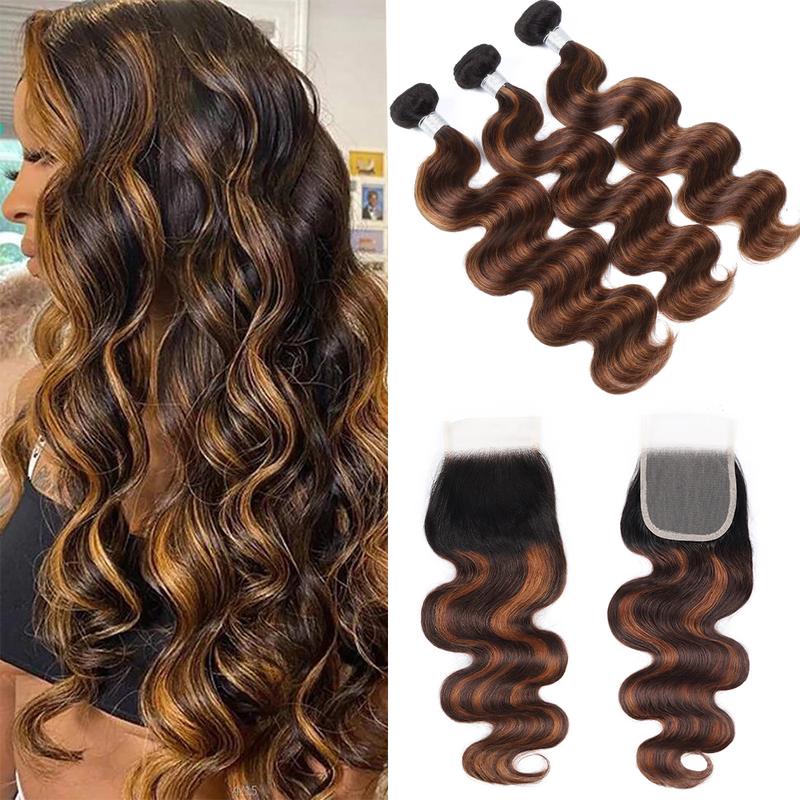 Colored Human Hair Bundles with Closure # FB 30 Ombre Bundles Body Wave Hair Bundles with 4x4 Lace Closure Highlight Hair Sew in