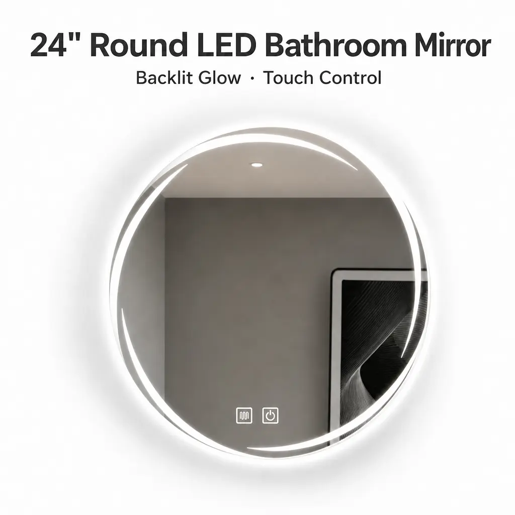 24-Inch Round Led Lighted Mirror for Bathroom, Plug-In Frameless Backlit Vanity Mirror with Anti-Fog, 3 Color Lights, Dimmable Touch Control, Minimalist Modern Smooth Installation Home Decor Fixture, Modern Minimalist Mirror