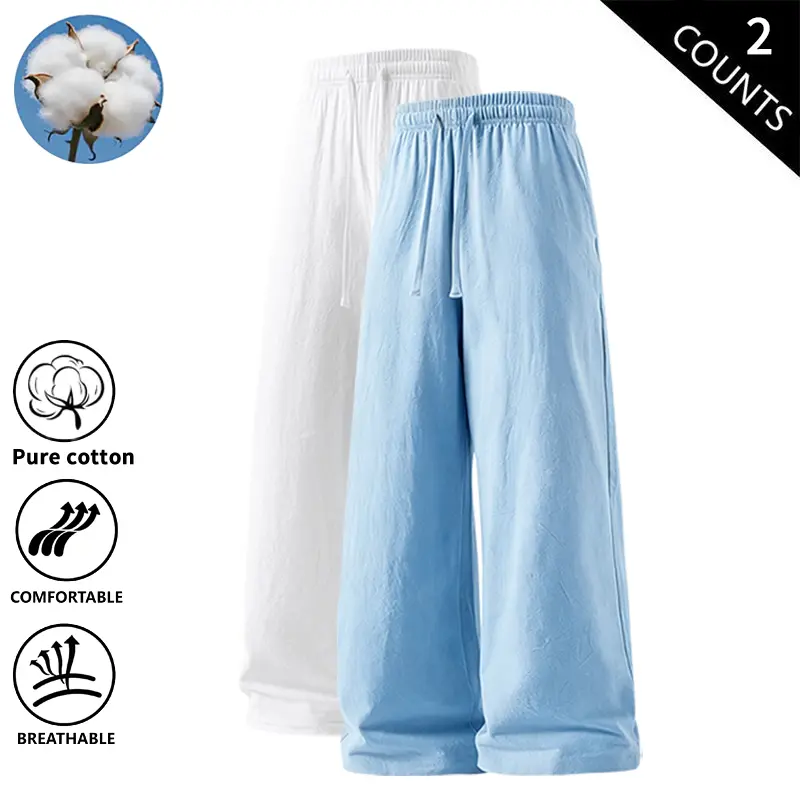 2 Pieces Men’s Loose Fit Cotton Linen Pants, Elastic Waist with Drawstring, Wide Leg, Casual Breathable Summer Beach Pants for Men