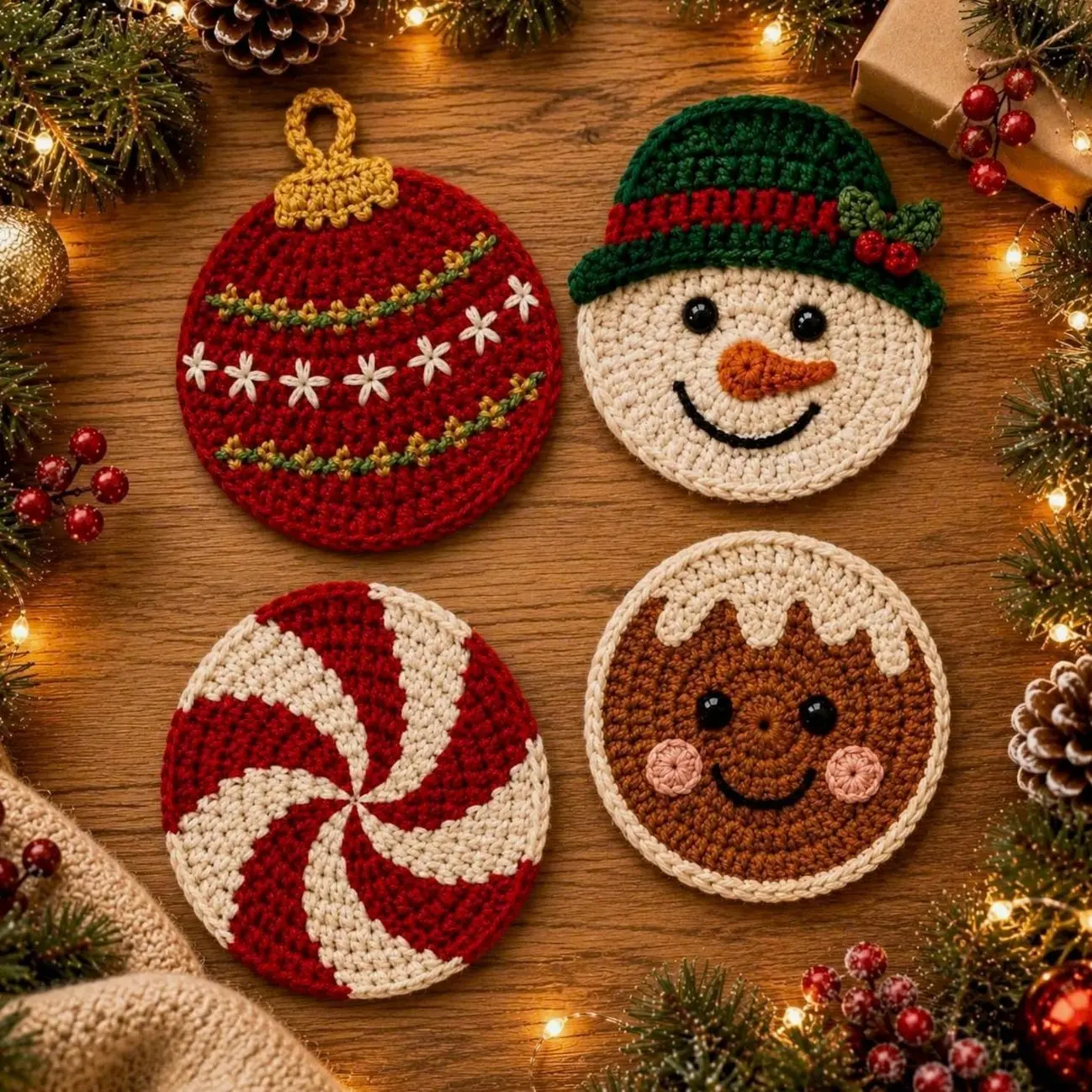Crochet Christmas Coaster, Snowman Gingerbread Peppermint Mug Mat, Handmade Holiday Table Decor, Christmas Gift for Hostess