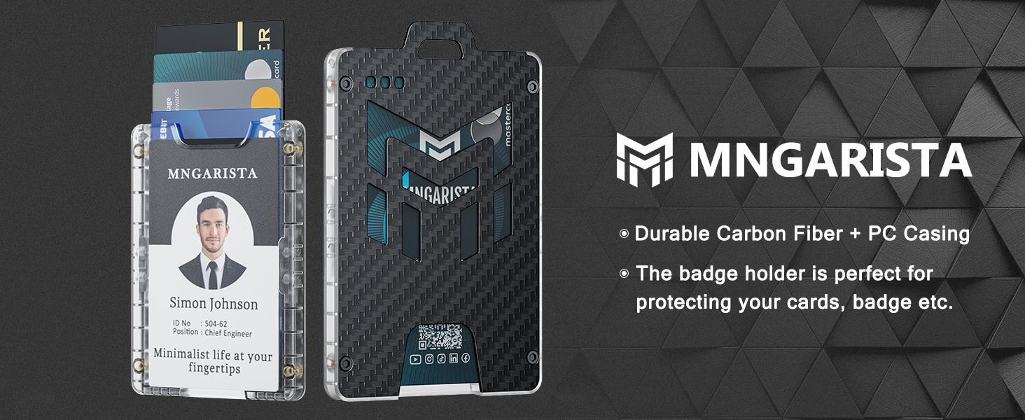 MNGARISTA Retractable Badge Holder, Carbon Fiber ID Badge Reel Strong,Retractable Clip Carabiner Keychain Key Card Holder with 4 Locking Card Point Design, Black