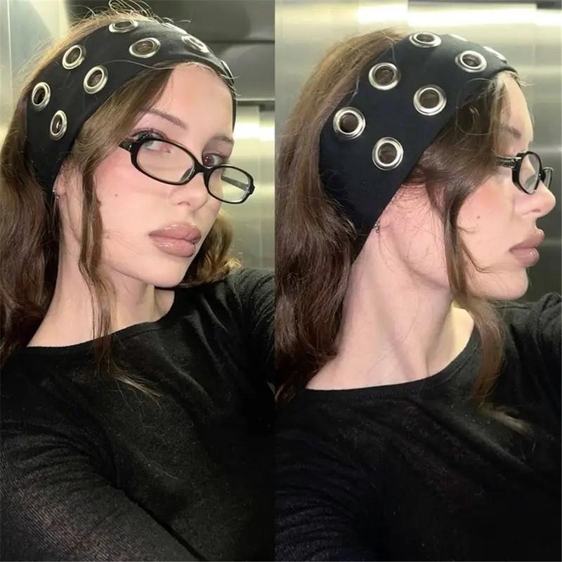 Punk Grunge Hollowed Out Metal Eyelets Wide Elastic Headband For Girl Women Rock Style Steampunk Stretchy Headbands Hair Accessorie