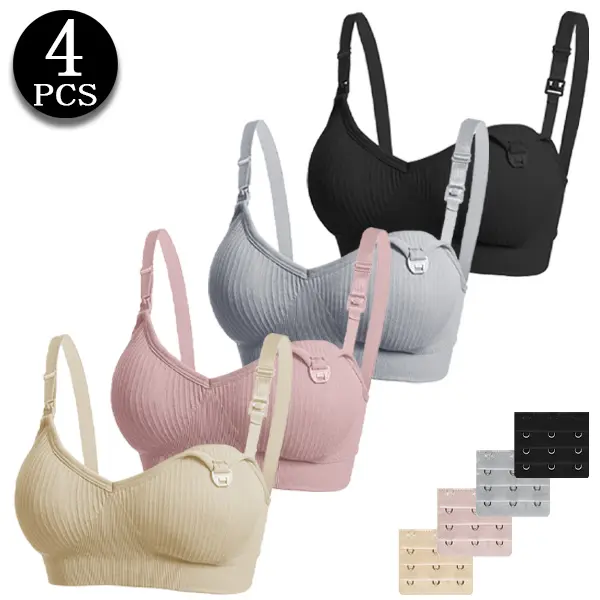 Women's Wireless Maternity Bra Set - 3-4 Pcs, Polyamide Spandex Fabric, Buckle Extender Clips, Adjustable Straps, All-Seasons Comfortable Lingerie for Postpartum Moms for Baby Errands