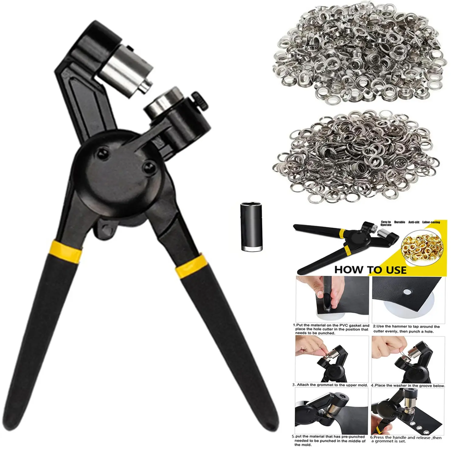 Grommet Tool, Eyelets and Grommets for Tarps, Fabric Rings, Leather, Tents, Vinyl, Canvas, Hand Tools, Durable and Reliable
