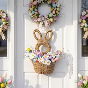 15.7 Inch Easter Bunny Wicker Basket Door Decoration Rabbit Woven Basket Hanging Wreath for Front Door with Easter Tulips Egg Floral Decorations for Wall Indoor Outdoor Spring Home Decor