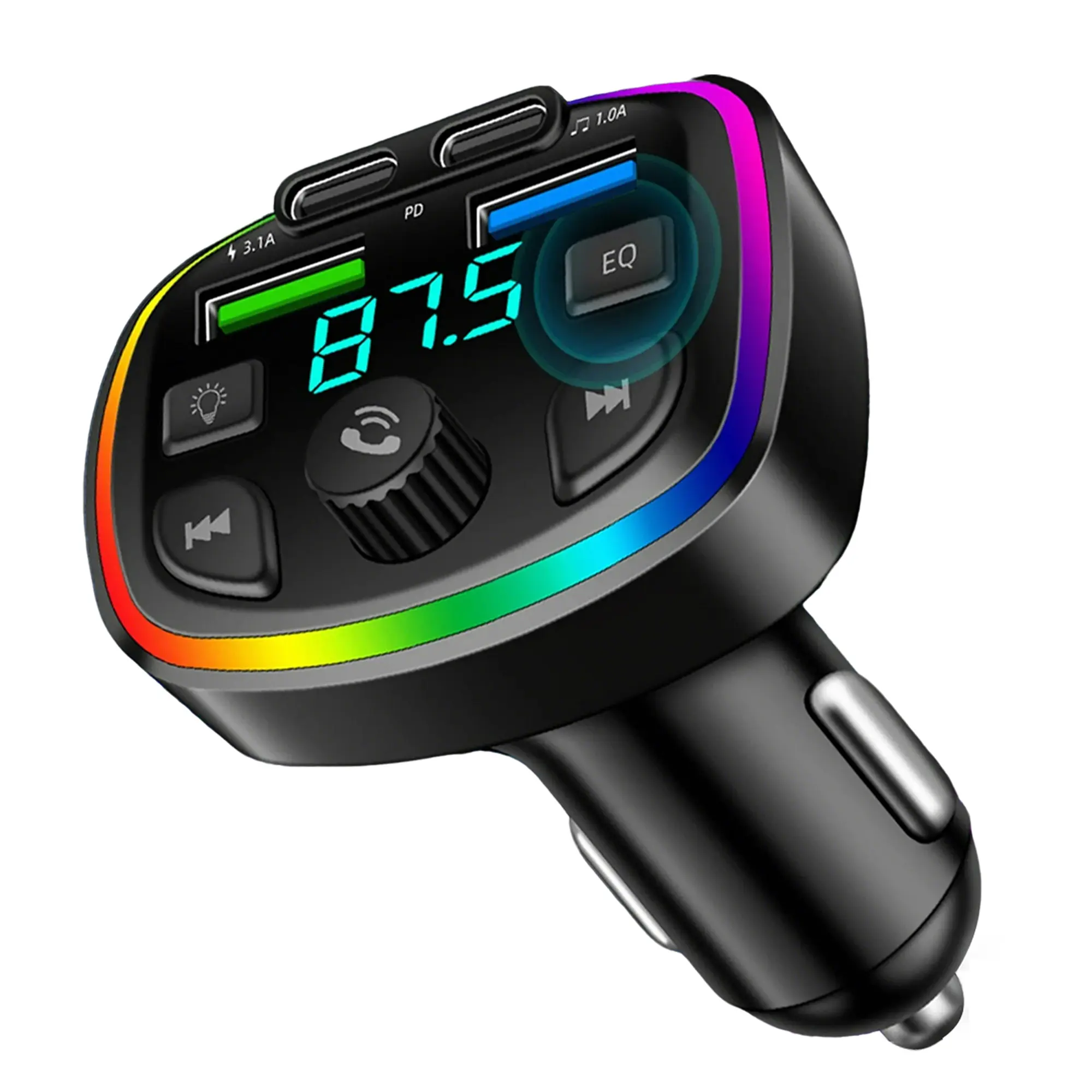 USB-C Bluetooth Car Adapter - Wireless FM Radio Transmitter, Handsfree Calling, Audio Receiver, MP3 Music Player, QC3.0 & Type-C PD Car Charger, 7-Color LED Light for Vehicle Use, Usb-C Bluetooth Adapters