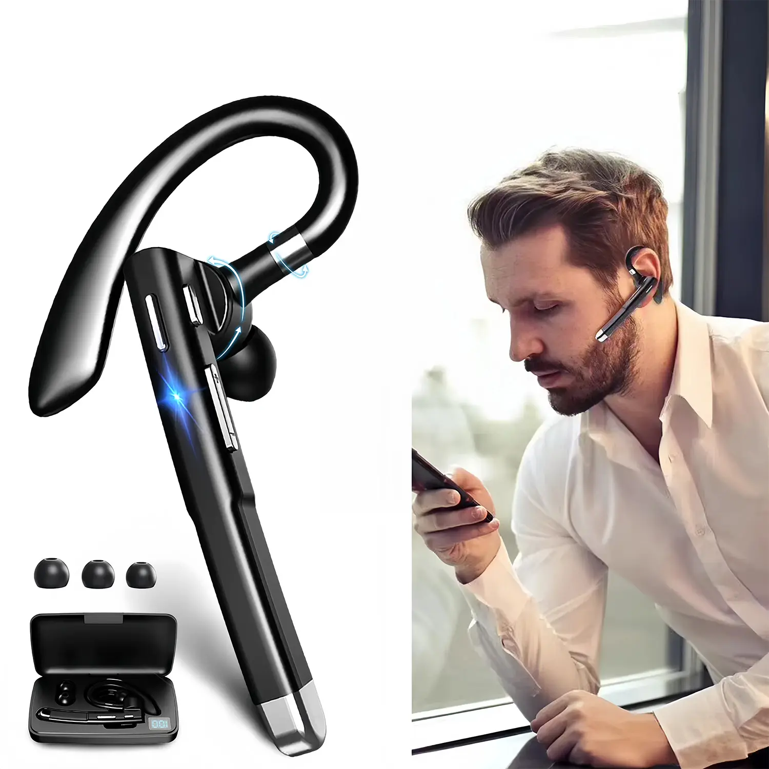 Digital Noise Cancellation Bluetooth Earbud with Mic, 270-Degree Rotatable Microphone, 500mAh Charging Case, 72H Hands-Free Headset with Buttons for Office/Driving, Black (Computers & Office Cables & Accessories),back to school,back to school haul